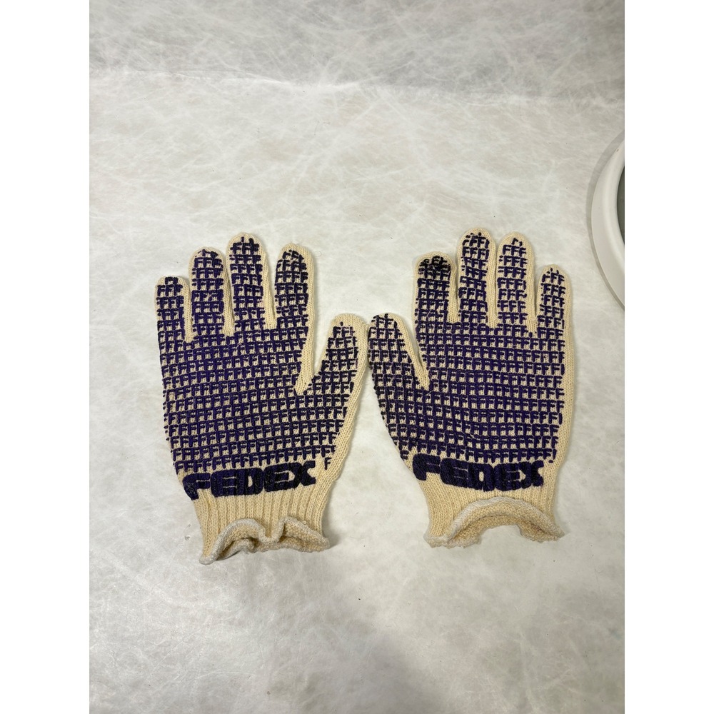 Vintage FedEx Work Gloves‎ Cream Purple Rubber Grip Logo Mens Large XL Retro
